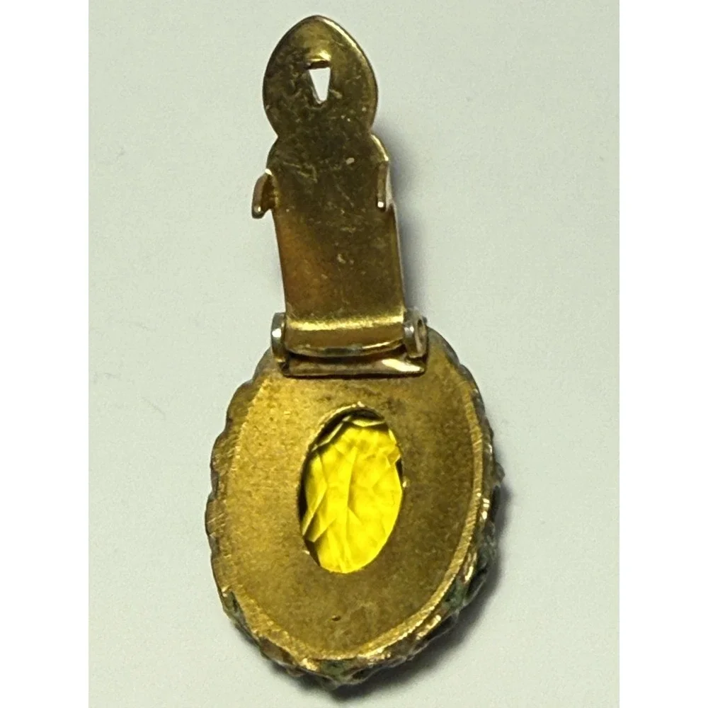 Vintage Yellow Glass‎ Oval Clip-On Earrings Brass Filigree Beaded Stud Women